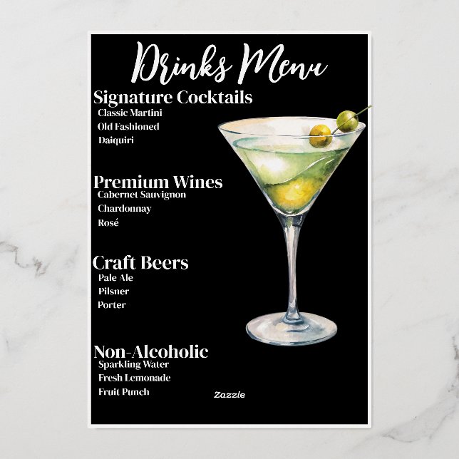 Cute Chic Gold-Foiled Drinks Party Bar Menu (Back)