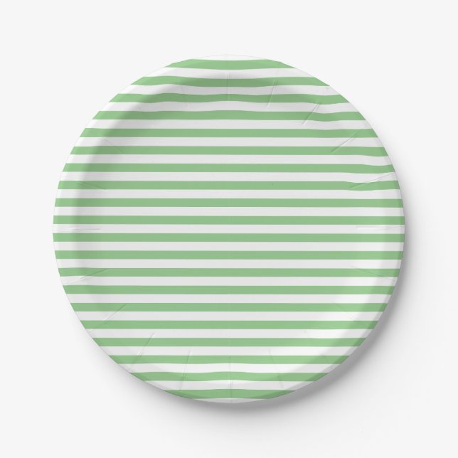 Cute Chic Light Sage Green and White Striped Paper Plate (Front)
