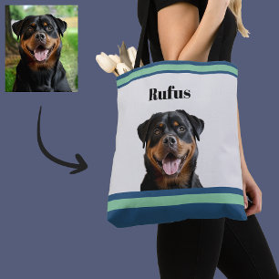 🐾Cute Chic Personalized Dog Pet Photo Green Blue  Tote Bag