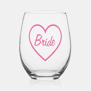 Cute Chic Pink Bride Cursive Script Heart Stemless Wine Glass