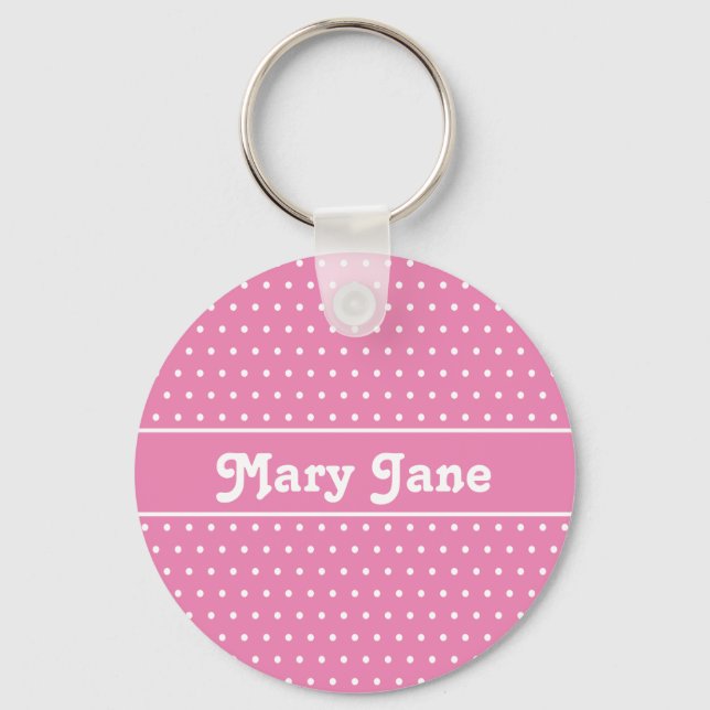 Cute Chic Pink Custom Name Polka Dot Keychain (Back)