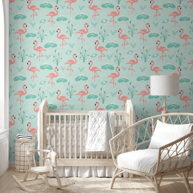 Cute Chic Pink Flamingos In A Pond Pattern Wallpaper (Kids)