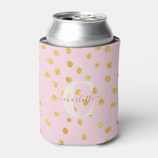 Cute Chic Pink Gold Polka Dots Personalized Name  Can Cooler (Can Front)