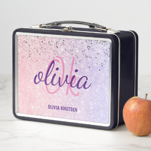 Cute Chic Pink Purple Glitter Personalized Monogra Metal Lunch Box