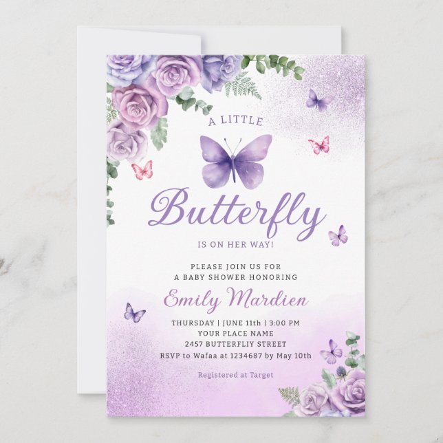 Cute Chic Purple Floral Butterfly Girl Baby Shower Invitation (Front)