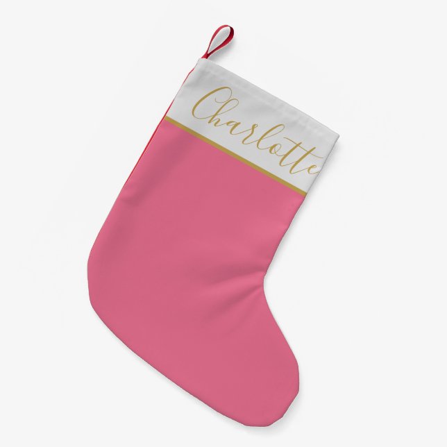 Cute Chic Script Typography Name Bright Pink  Small Christmas Stocking (Front (Hanging))