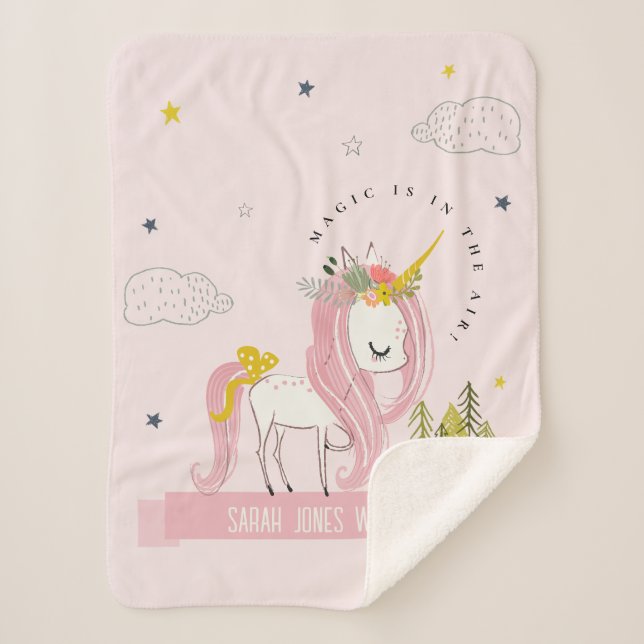 Cute Chic Whimsical Magical Unicorn Pink Princess Sherpa Blanket (Front)