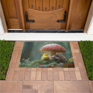 Cute Chick and Hedgehog Hiding Under a Mushroom Doormat