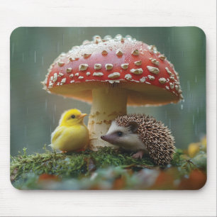 Cute Chick and Hedgehog Hiding Under a Mushroom Mouse Pad