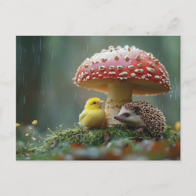 Cute Chick and Hedgehog Hiding Under a Mushroom Postcard (Front)