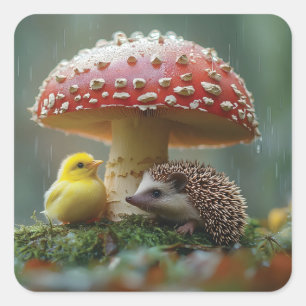 Cute Chick and Hedgehog Hiding Under a Mushroom Square Sticker