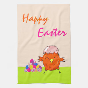 Cute chick colourful Easter eggs Happy Easter Kitchen Towel