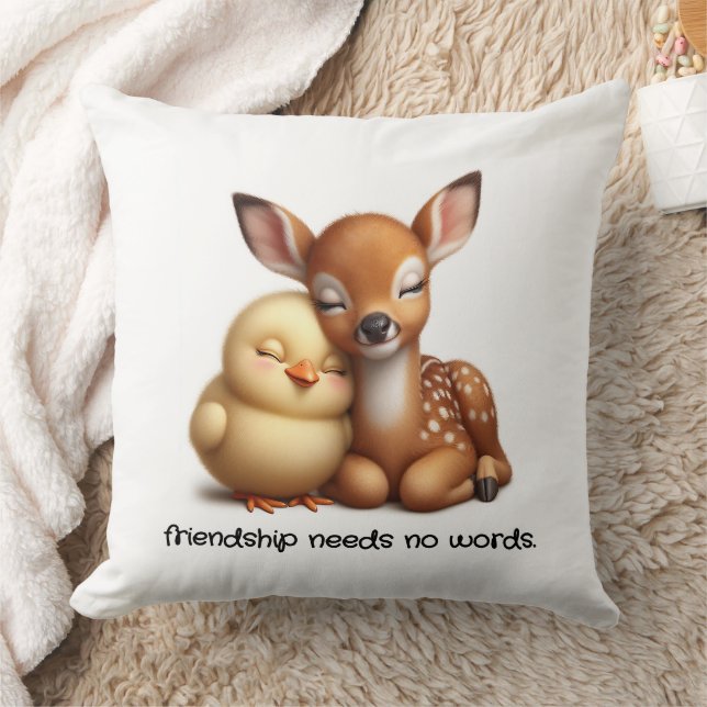 Cute Chick & Deer Cuddling Best Friends Throw Pillow (Blanket)