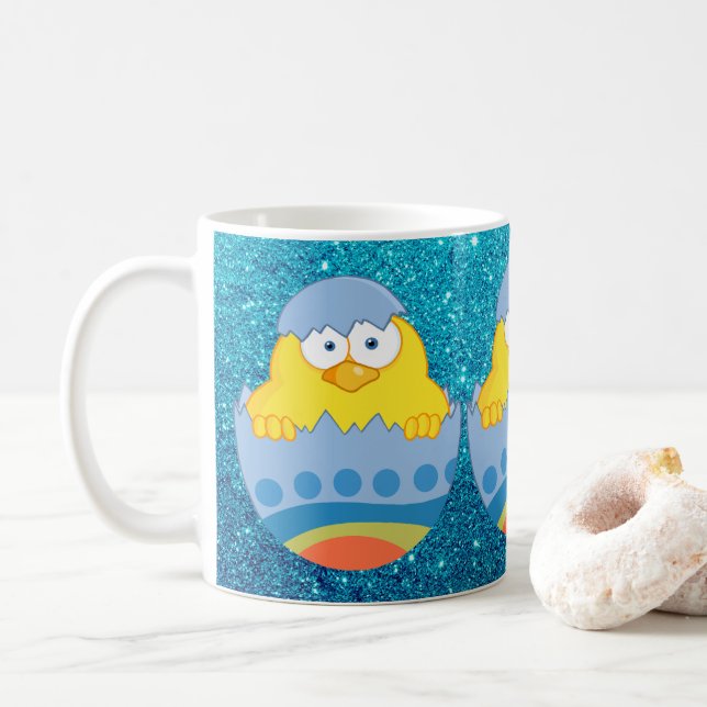 Cute Chick Hatching From Blue Colourful Easter Egg Coffee Mug (With Donut)