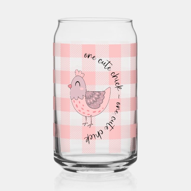 Cute Chick Peach Gingham Can Glass (Front)