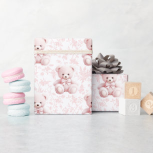 Cute chick pink teddy bear floral wrapping paper