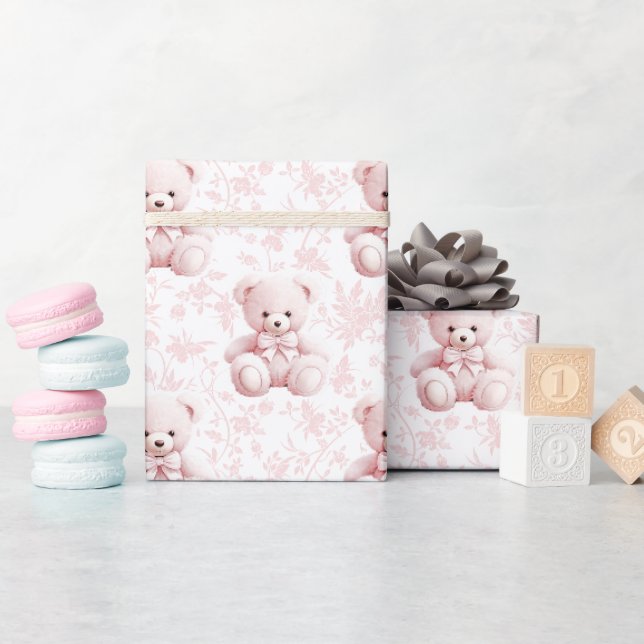 Cute chick pink teddy bear floral wrapping paper (Baby Shower)
