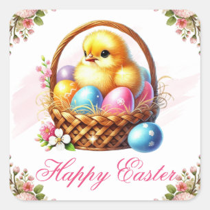Cute Chick with Colourful Eggs Happy Easter Square Sticker
