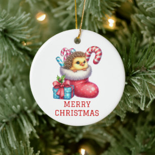 Cute Chick with Hedgehog Fur Christmas Ceramic Ornament
