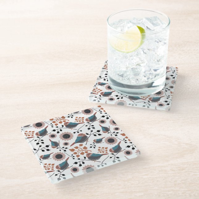 Cute Chickadee Bird Berries Flowers Glass Coaster (Angled)