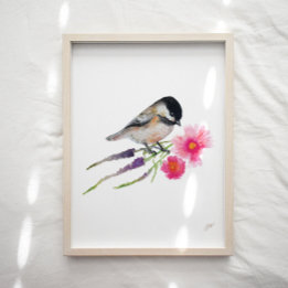 Cute Chickadee Bird Flowers Art Print