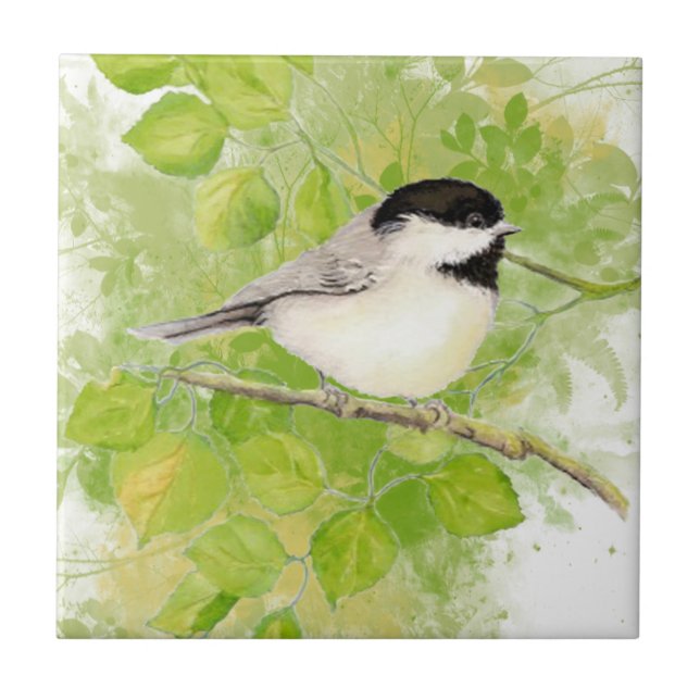 Cute Chickadee Bird in Poplar Tree Tile (Front)