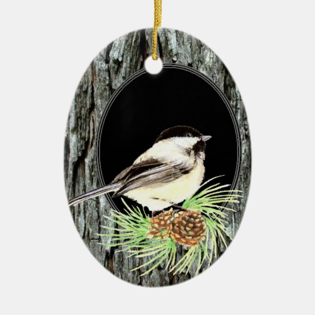 Cute Chickadee Bird in Tree, Nature, Wildlife Ceramic Ornament (Front)