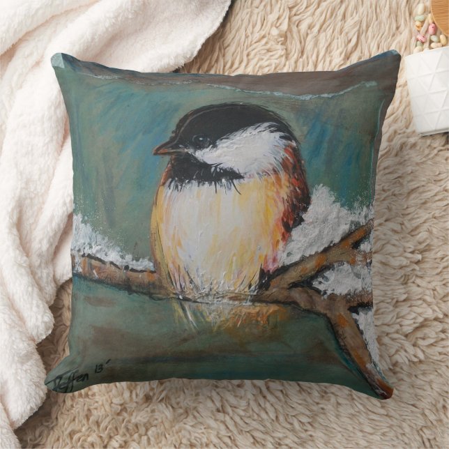 Cute Chickadee Black Capped Art Throw Pillow (Blanket)