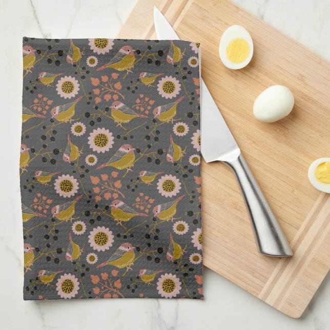Cute Chickadee Gold Pink Black Berries Flowers Kitchen Towel (Quarter Fold)