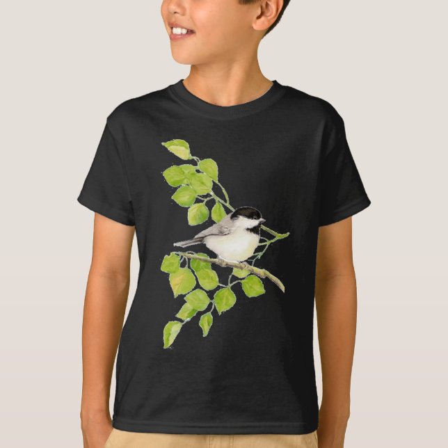 Cute Chickadee in Poplar, Bird, Tree, Nature T-Shirt (Front)