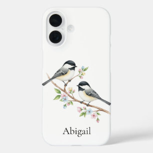 Cute Chickadee on Flower Branch Custom Name  iPhone 16 Case