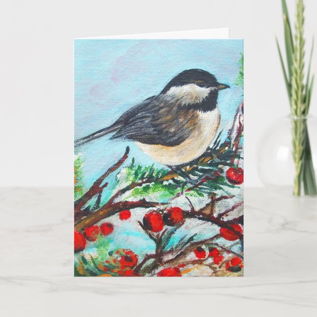 Cute Chickadee Red Berries Winter Note Card (Front)
