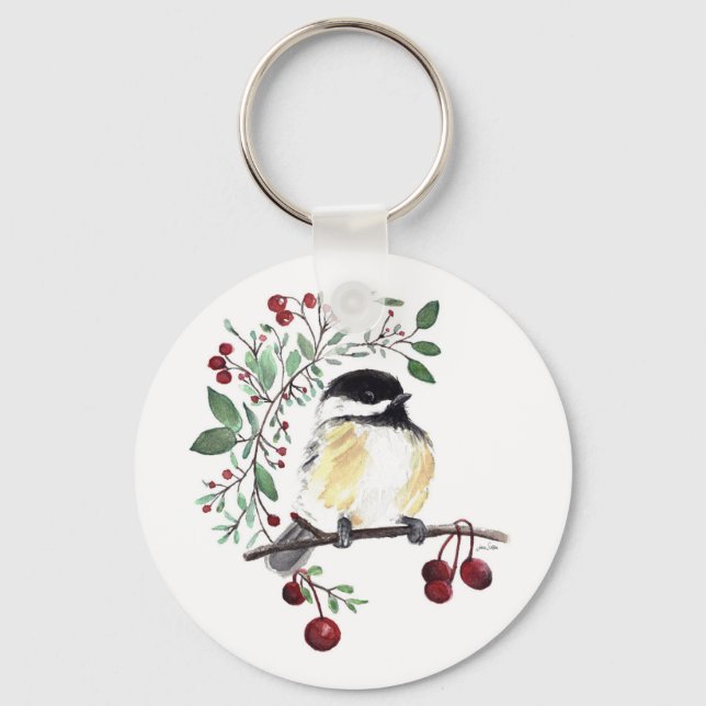 Cute Chickadee Watercolor Art Keychain (Front)