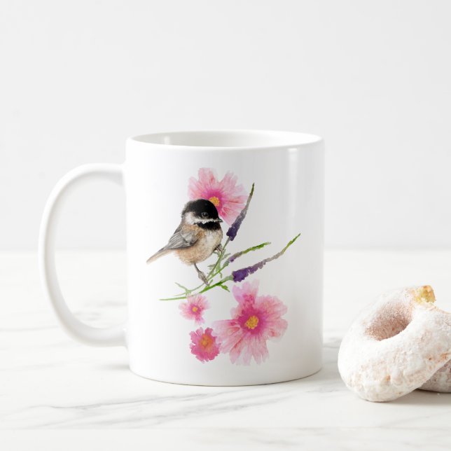 Cute Chickadee Watercolor Artwork Coffee Mug (With Donut)
