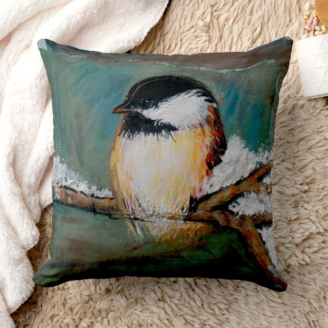 Cute Chickadee Winter Black Capped  Throw Pillow (Cute Chickadee Bird throw pillow from Jenn's Emporium. )