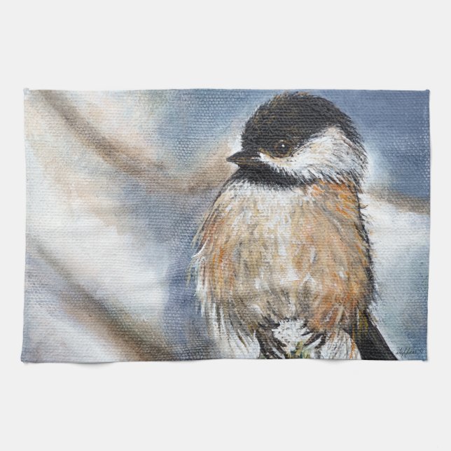 Cute Chickadee Winter Painting Kitchen Towel (Horizontal)
