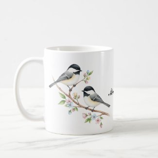 Cute chickadees on Floral Branch Custom Name
