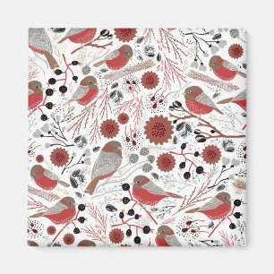Cute Chickadees Red Grey Pattern Floral Magnet