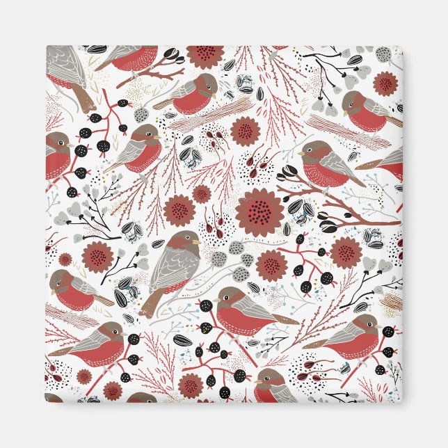 Cute Chickadees Red Grey Pattern Floral Magnet (Front)