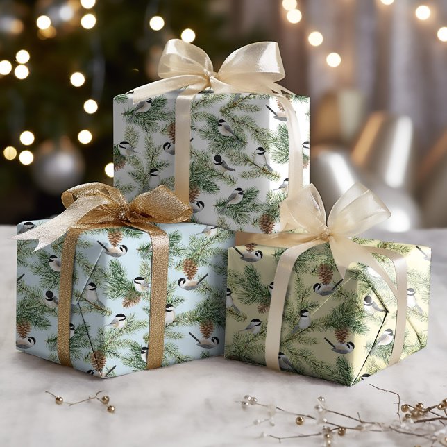 Cute Chickadees Watercolor Christmas Wrapping Paper Sheet (Creator Uploaded)