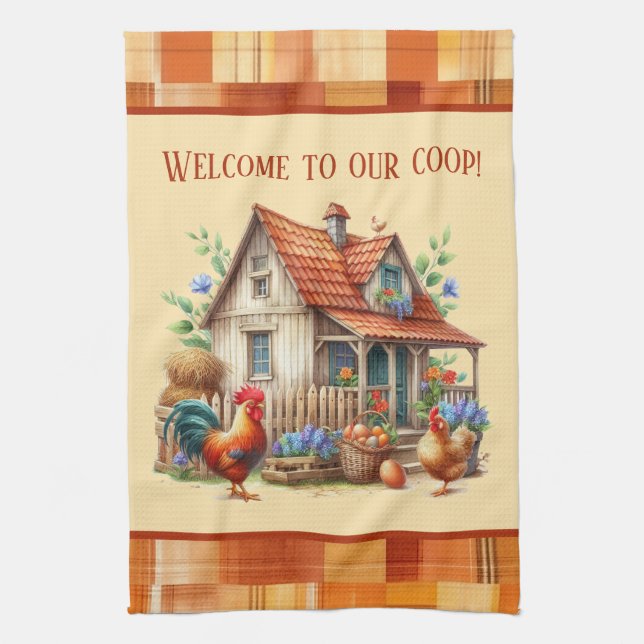 Cute chicken coop welcome add text  kitchen towel (Vertical)