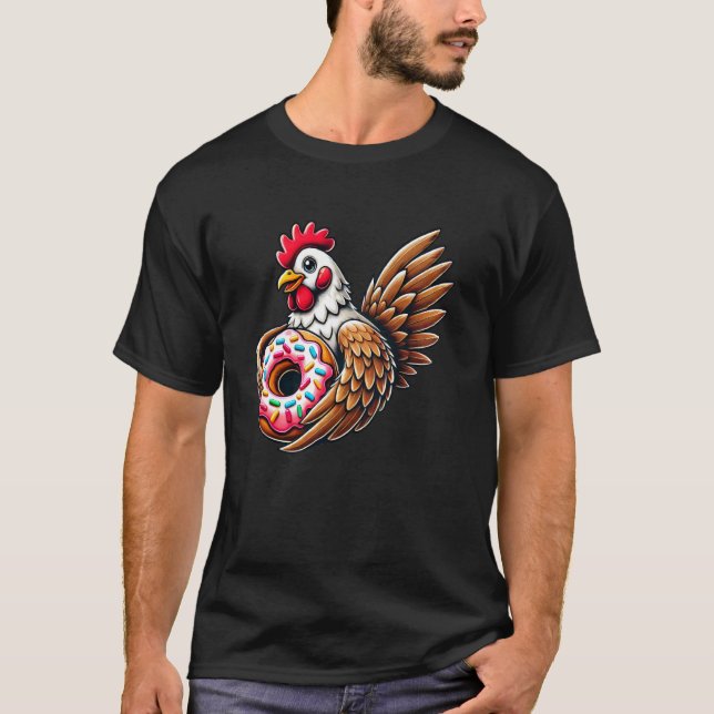 Cute Chicken Eating Doughnut T-Shirt (Front)