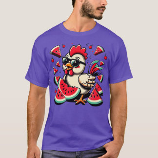 Cute Chicken Eating Watermelon Fruit Summer Men Wo T-Shirt