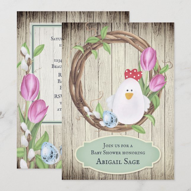 Cute Chicken, Eggs, Wreath and Tulips Baby Shower Invitation (Front/Back)