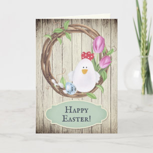 Cute Chicken, Eggs, Wreath and Tulips Happy Easter Holiday Card
