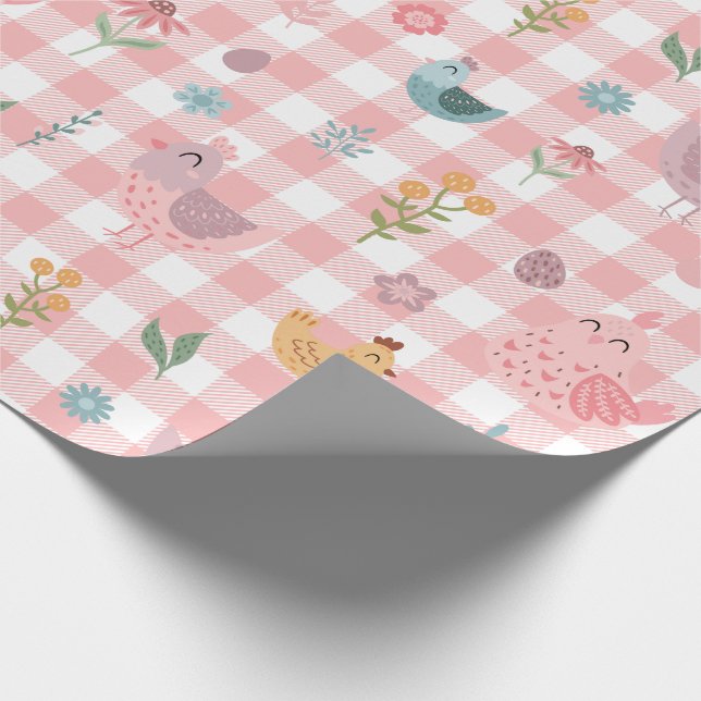 Cute Chicken Peach Gingham Wrapping Paper (Corner)