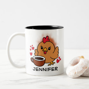 Cute Chicken with Hearts Personalized Name Two-Tone Coffee Mug