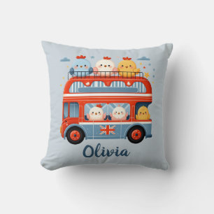 Cute Chickens and Chicks in London Bus Throw Pillow