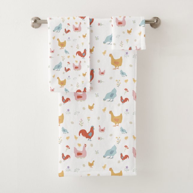 Cute Chickens Hens and Baby Chicks Bath Towel Set (Insitu)
