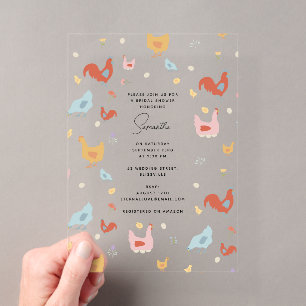 Cute Chickens Hens and Baby Chicks Bridal Shower Acrylic Invitations